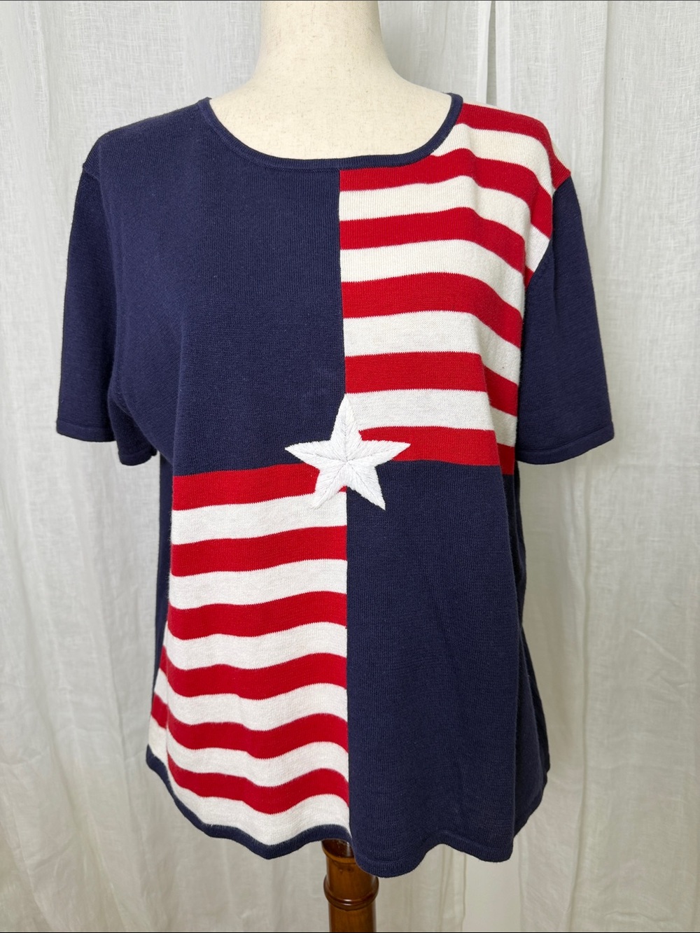 Sag Harbor Navy Red White Star Panel Short Sleeve Top